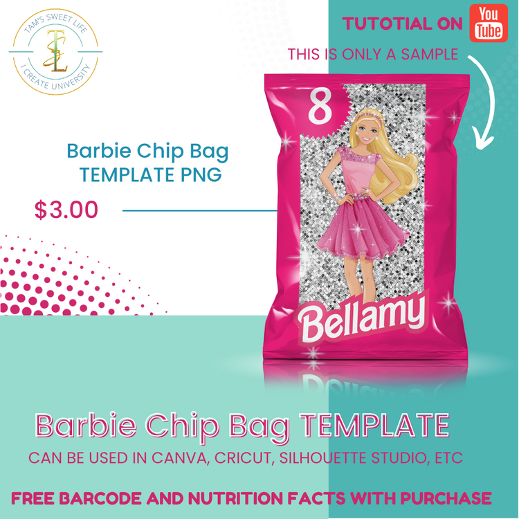 Digital Doll box Chip Bag Template - CUSTOMIZABLE W FREE NUTRITION FACTS AND BARCODE INCLUDED