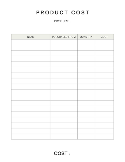 FREE PRODUCT COST SHEET